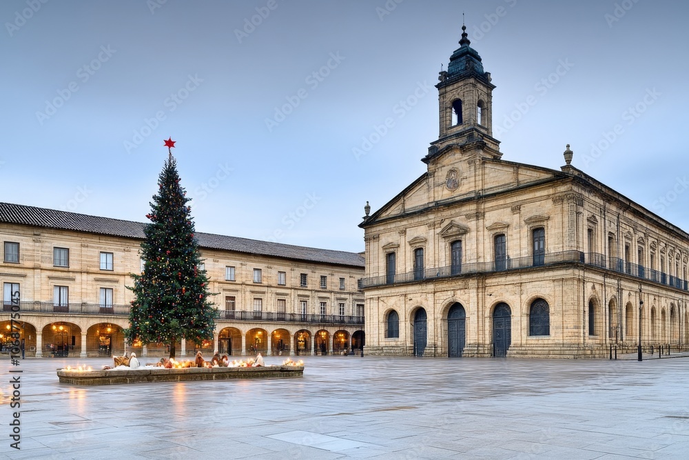 Obraz premium Plaza principal con un gran árbol de Navidad frente a un edificio histórico en invierno. 