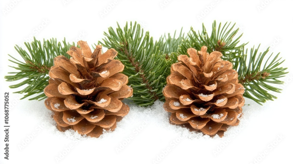Pine Cones on Snowy Background with Green Branches Pine Cones on Snowy Background with Green Branches