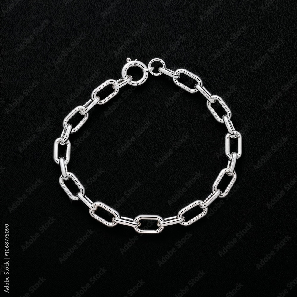 Rhodium coated silver Rolo chain sleek and durable on plain black dark background Rhodium coated silver Rolo chain sleek and durable on plain black dark background