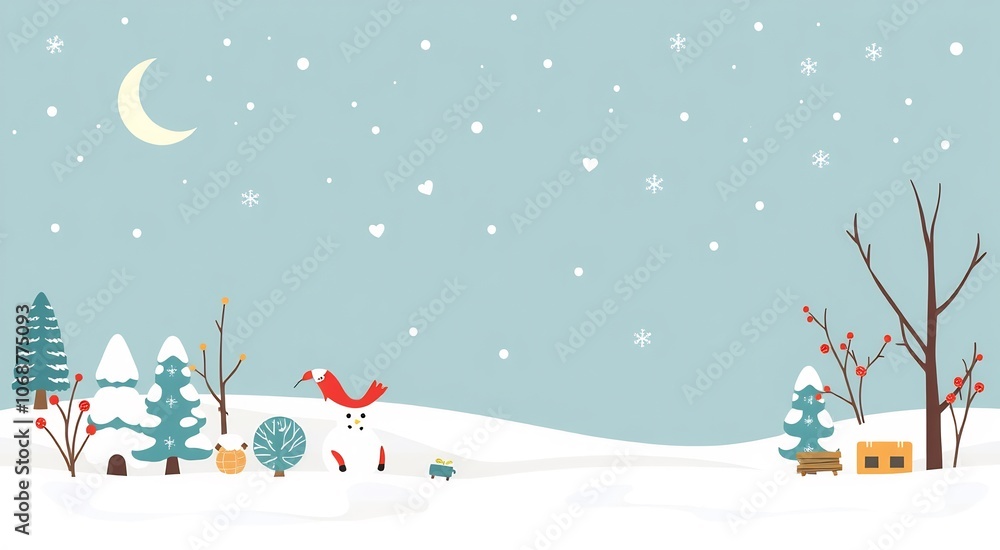A cute snowman standing in a winter wonderland, with a crescent moon in the sky, snow falling, trees and a house. A cute snowman standing in a winter wonderland, with a crescent moon in the sky, snow falling, trees and a house.
