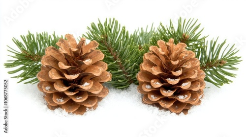 Pine Cones on Snowy Background with Green Branches