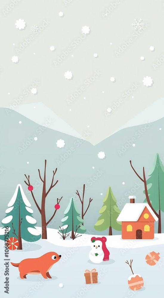 Winter wonderland scene with a snowman, a fox, a house, and snow falling. Winter wonderland scene with a snowman, a fox, a house, and snow falling.