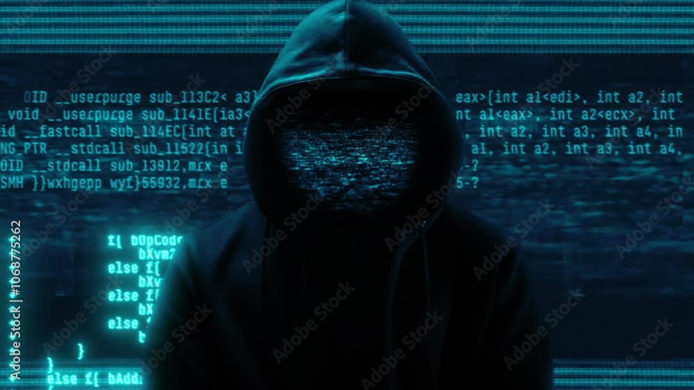 Hacker with hoodie and glitch face. Computer abstract digital code at the background. Dark web or darknet fraud. Cryptocurrency bitcoin mixer concept. Cybersecurity and social network data protection