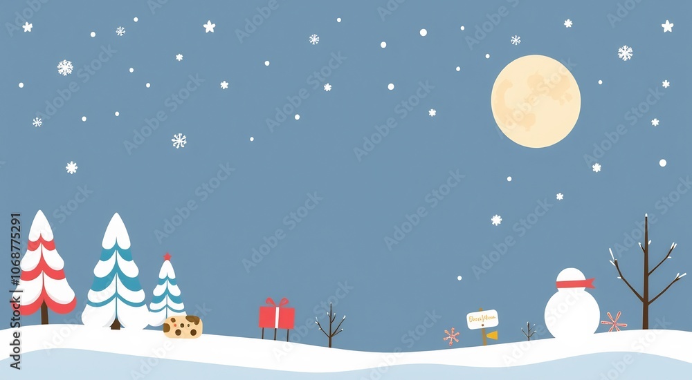 Winter Wonderland with a snowman, trees, and a full moon. Winter Wonderland with a snowman, trees, and a full moon.