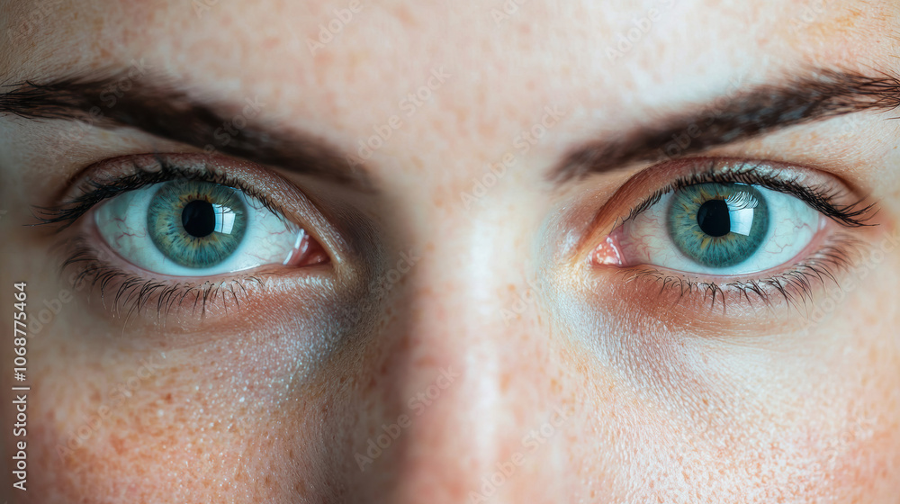 Fototapeta premium Close-up of intense blue eyes with clear, sharp detail and freckles on skin. The captivating gaze highlights the beauty of human features.