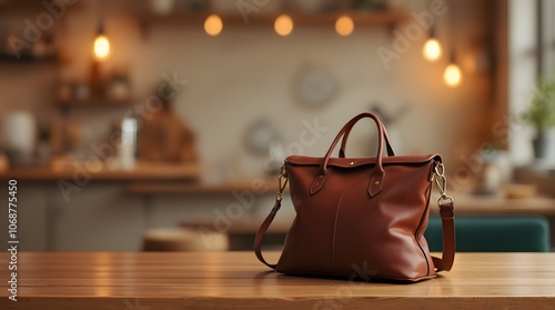 Leather handbag on a wooden table photo