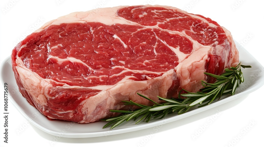 Fresh Ribeye Steak on White Plate with Herbs Fresh Ribeye Steak on White Plate with Herbs