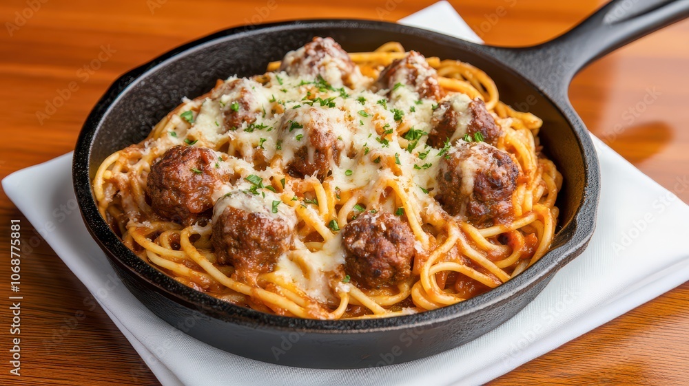 A delicious serving of spaghetti and meatballs topped with cheese, served in a skillet, showcasing Italian comfort food. A delicious serving of spaghetti and meatballs topped with cheese, served in a skillet, showcasing Italian comfort food.