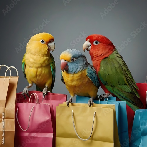 A flock of colorful birds  perched on shopping bags and packages, Black Friday theme photo