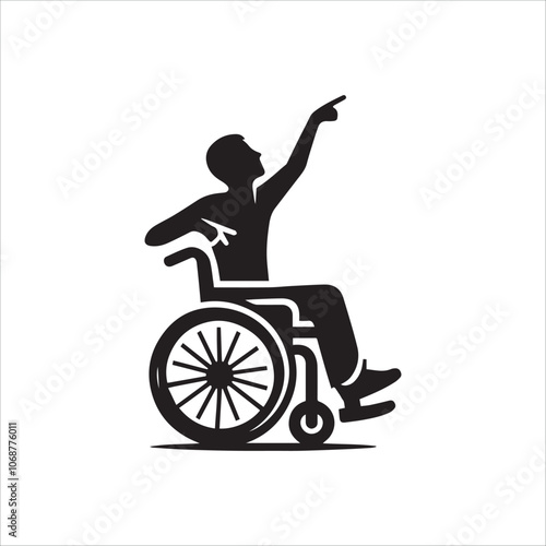 Businessman in Wheelchair Rocks Out. Silhouette of a businessman in a suit seated in a wheelchair, raising one hand in a rock-and-roll gesture, conveying a sense of freedom, overcoming challenges.