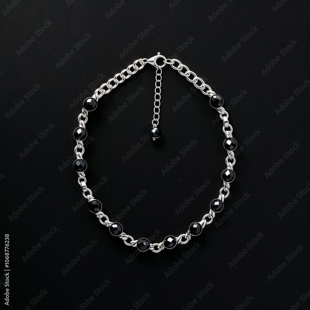 Silver chain with black spinel beads edgy and elegant on plain black dark background Silver chain with black spinel beads edgy and elegant on plain black dark background