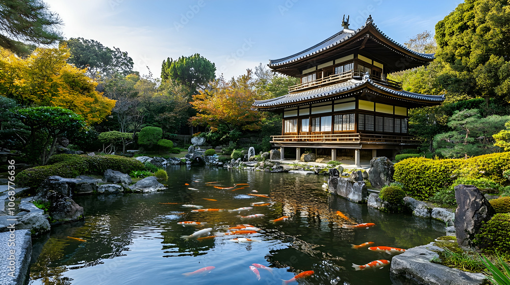 Fototapeta premium A picturesque Zen garden with a tranquil pond and an elegant Japanese pavilion.
