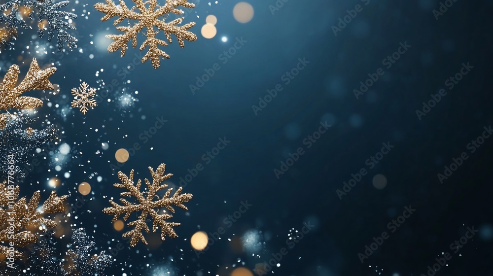 Abstract background with golden snowflakes falling on a navy blue background with bokeh lights and glitter. Abstract background with golden snowflakes falling on a navy blue background with bokeh lights and glitter.