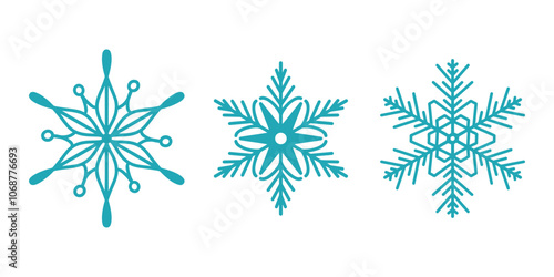 Beautiful snowflakes set, detailed hand drawn flat vector line illustration. Graphic outline drawing. Christmas and New Year symbol. Unique snowflake silhouette icon for frosty winter designs.