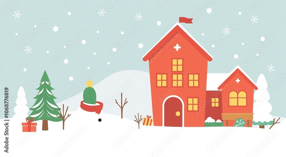 A cute red house with a snowy roof and a snowman with a cactus hat in the snowy yard, with a Christmas tree in the foreground, surrounded by trees and snowflakes. A cute red house with a snowy roof and a snowman with a cactus hat in the snowy yard, with a Christmas tree in the foreground, surrounded by trees and snowflakes.
