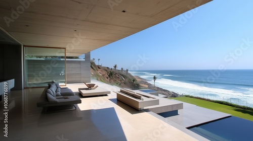 Concrete architecture coastal villa minimalist glass windows sharp structure AI generated