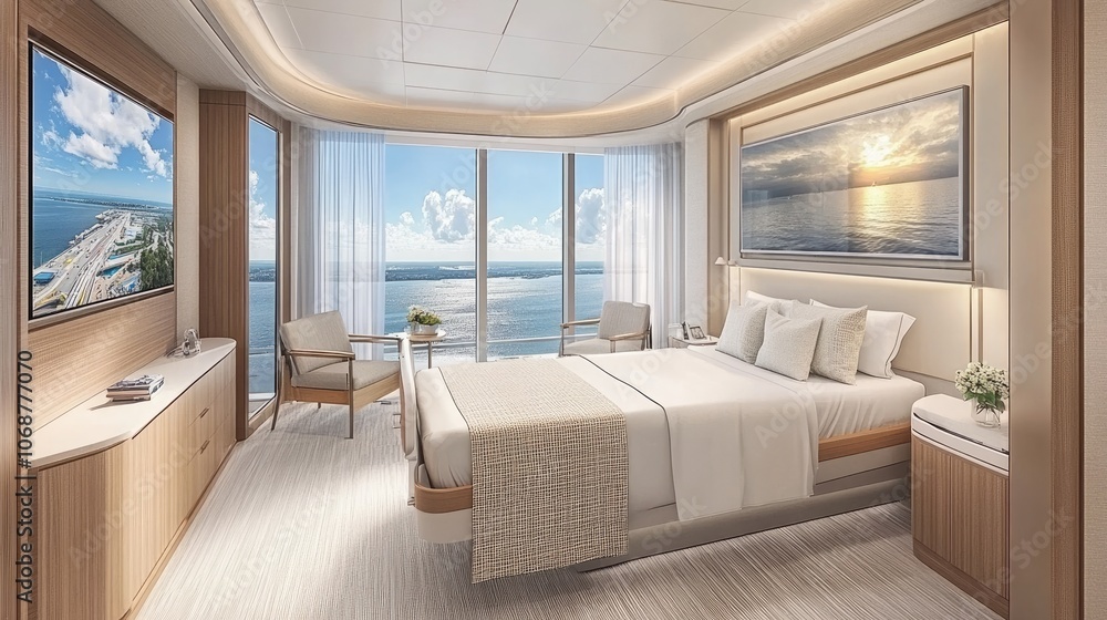 Fototapeta premium Modern Bright Hotel Room with Ocean View