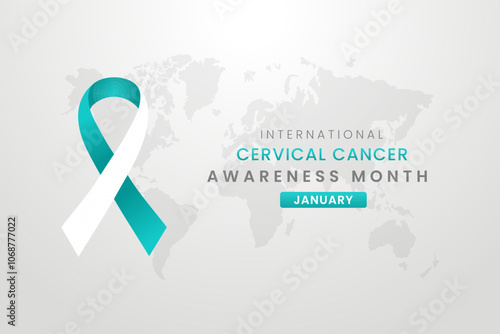 Cervical cancer awareness illustration on white background with white and sea green color ribbon.