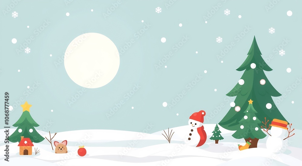 Cute Winter Holiday Scene with Snowman and Christmas Trees. Cute Winter Holiday Scene with Snowman and Christmas Trees.