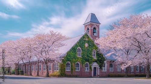 Ivy-Covered School Building with Bell Tower in Cherry Blossom Square