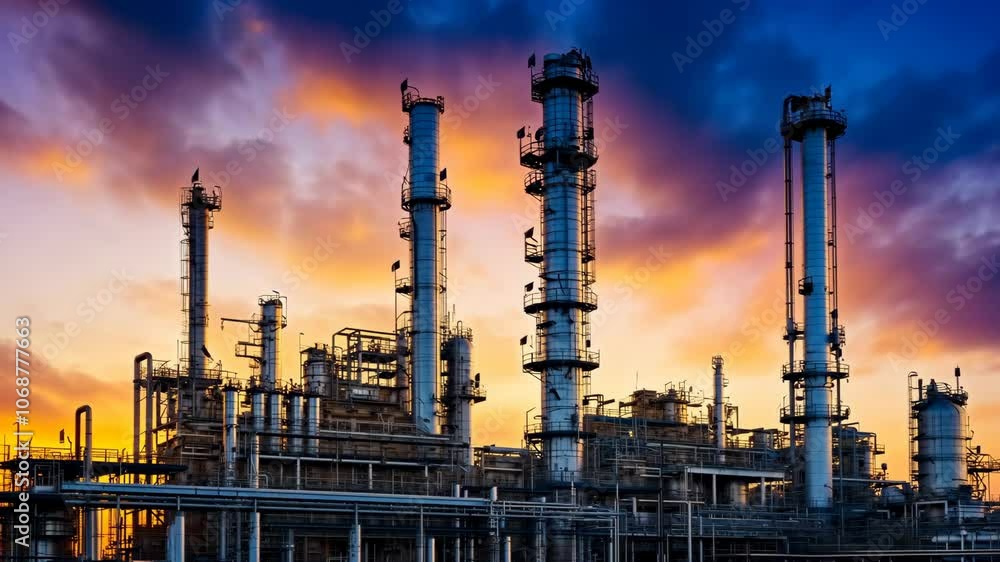 A large industrial complex with tall smokestacks stands silhouetted against a vibrant sunset sky A large industrial complex with tall smokestacks stands silhouetted against a vibrant sunset sky