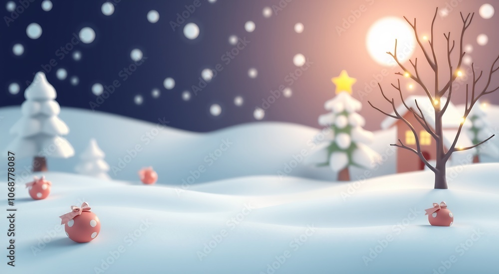 A snowy Christmas scene with a red polka-dotted ornament. A snowy Christmas scene with a red polka-dotted ornament.