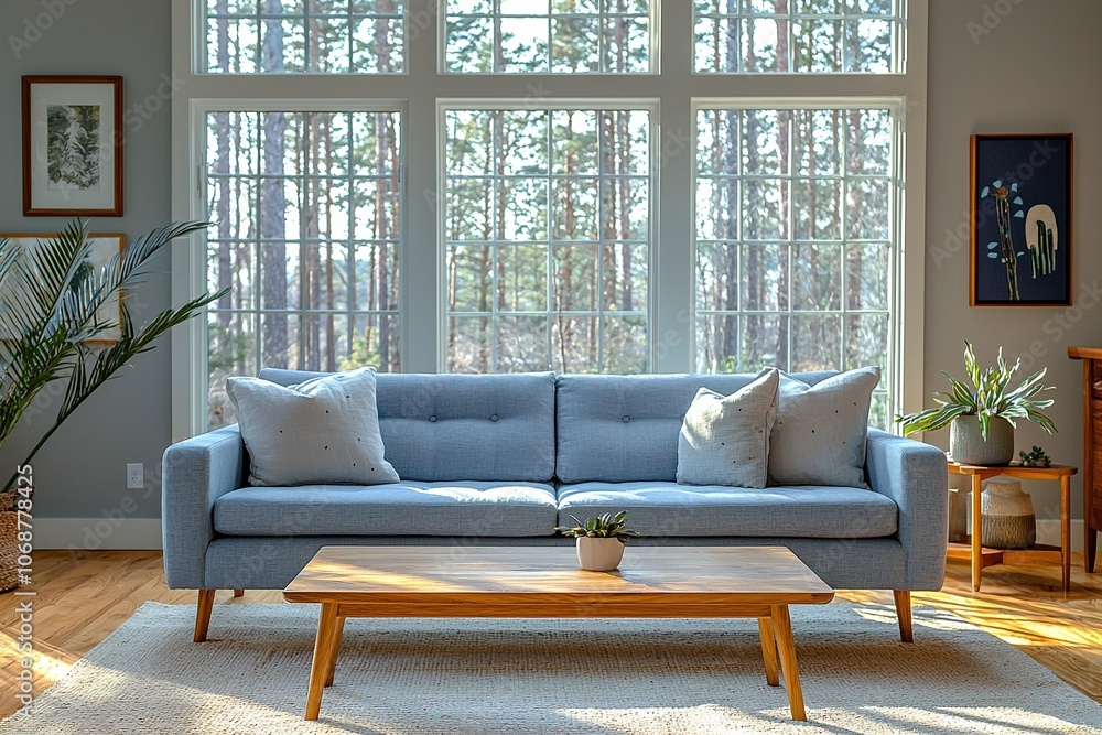 Minimalist, mid century modern interiors in residential living rooms with sky blue sofas and tables and windows. Generative AI
Minimalist, mid century modern interiors in residential living rooms with sky blue sofas and tables and windows. Generative AI