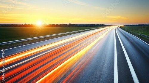 Dynamic Sunset on Open Highway with Light Trails