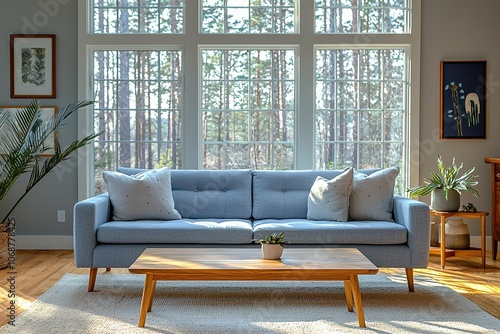 Wallpaper Mural Minimalist, mid century modern interiors in residential living rooms with sky blue sofas and tables and windows. Generative AI
 Torontodigital.ca