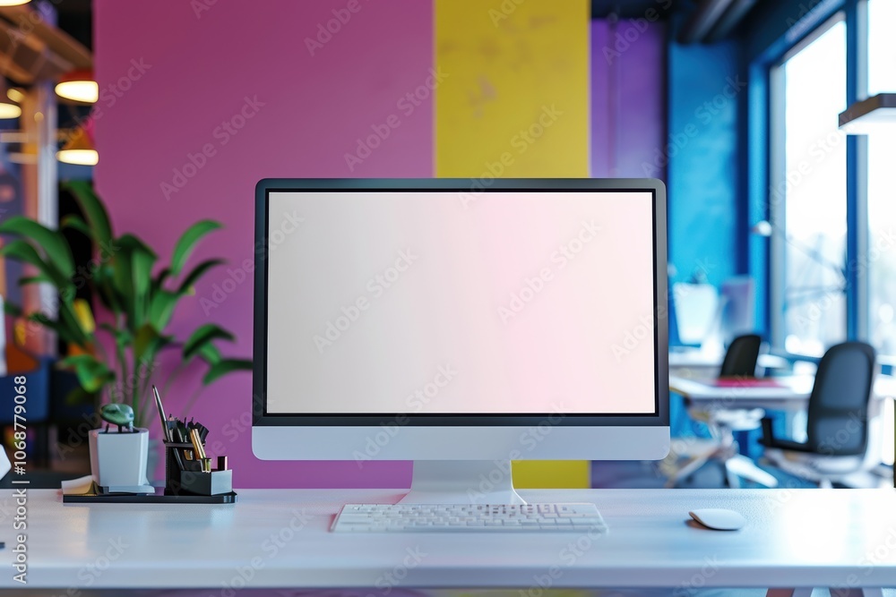 Futuristic office setup with empty white monitor screen, ideal for design needs Futuristic office setup with empty white monitor screen, ideal for design needs