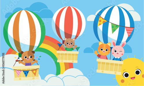 Cute animals riding on hot air balloons on sky landscape with cloud and rainbow above pond, green field. Animal character cat, bunny, bear, dog on aerostat with baskets. Journey, back to school.