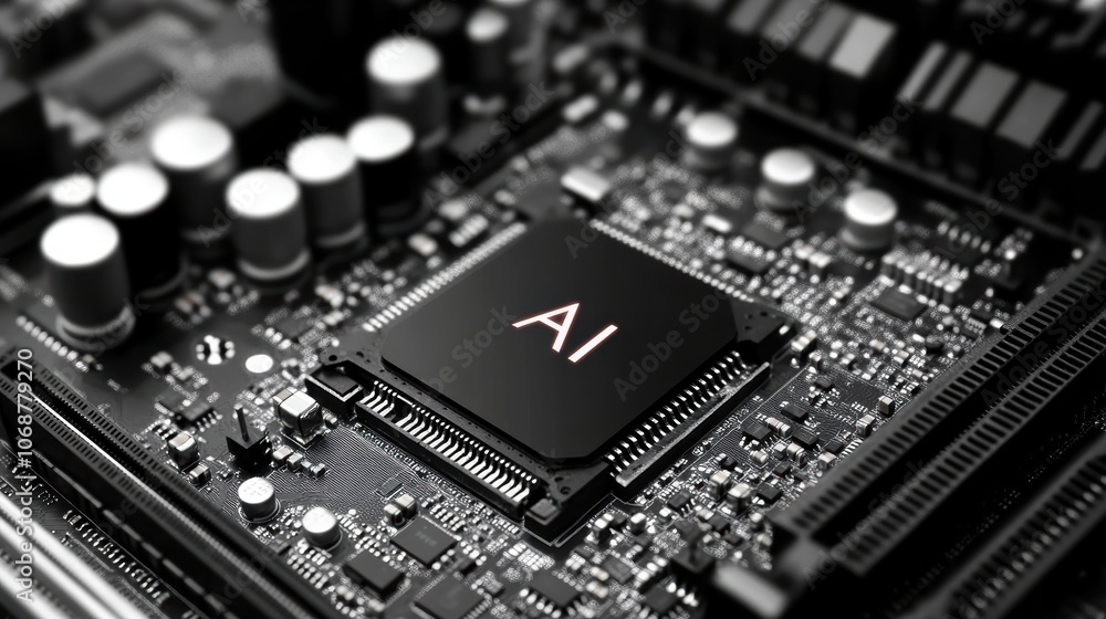 Close-up of a computer chip labeled 'AI' on a circuit board, highlighting technology. Close-up of a computer chip labeled 'AI' on a circuit board, highlighting technology.