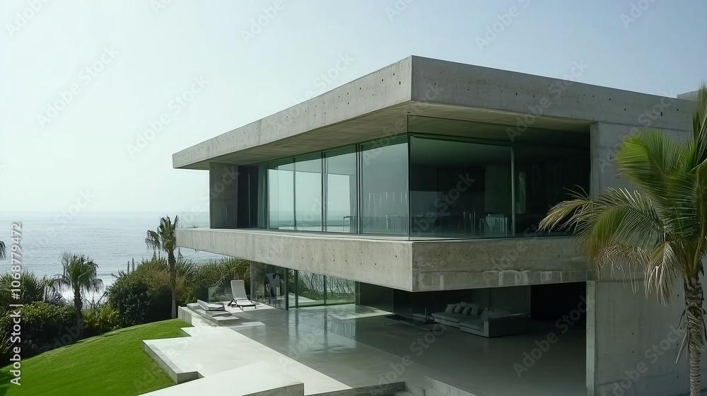 Fototapeta premium Minimalist coastal villa with sharp concrete structures and glass windows. AI generated