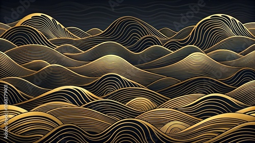 Abstract Japanese landscape with black and gold waves