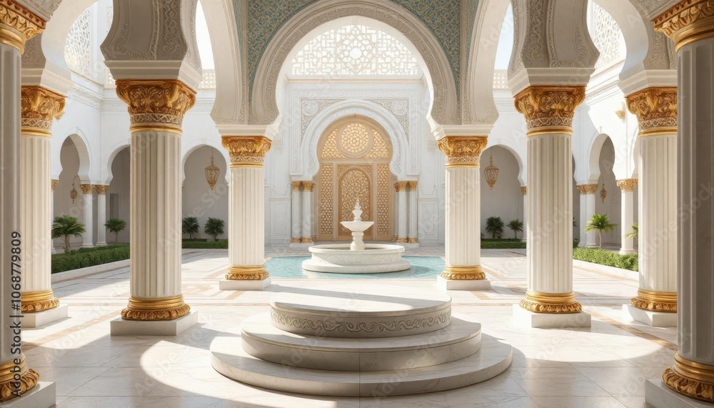 Fototapeta premium Luminous Islamic-inspired podium: A bright stage for golden treasures