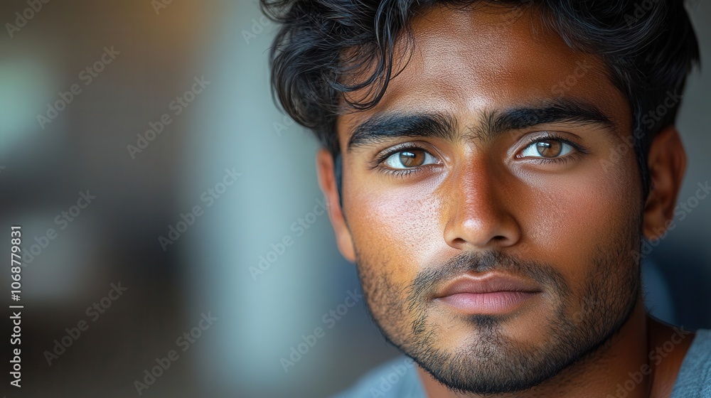 Fototapeta premium young indian man with tired eyes, reflecting fatigue after a long workday, set against a neutral background that emphasizes the weight of exhaustion and the challenges of modern life