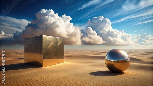 abstract landscape with bronze sphere marble cube cloud desert ultra wide Depth of Field photo