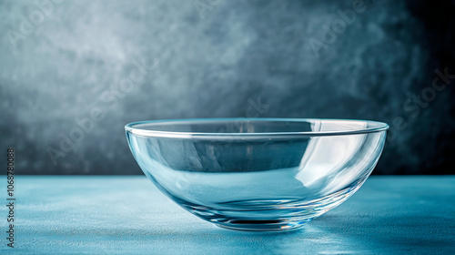 Empty Glass Bowl with Reflections on Simple Background, Space for Copy