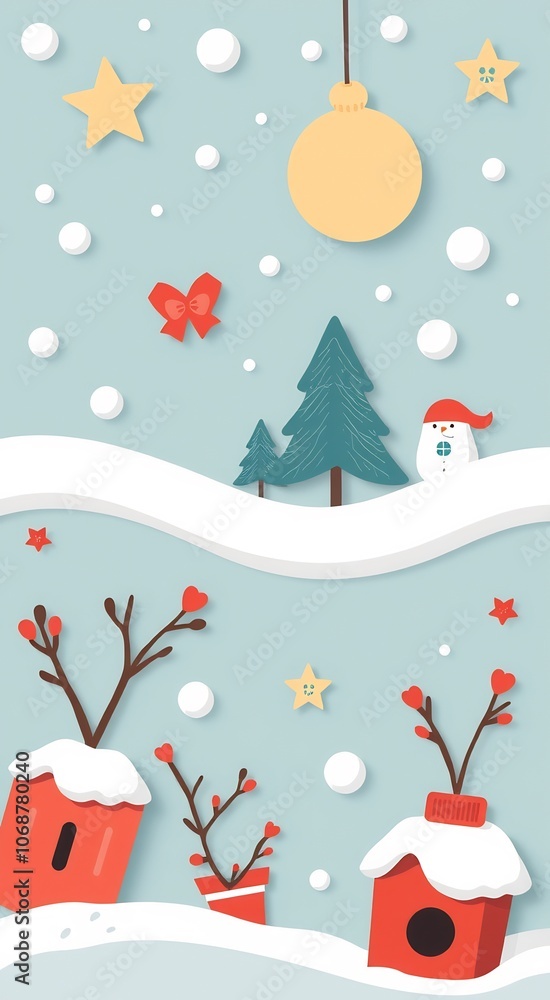 Festive winter wonderland with snowman, trees, and birdhouses, decorated with paper cutouts. Festive winter wonderland with snowman, trees, and birdhouses, decorated with paper cutouts.