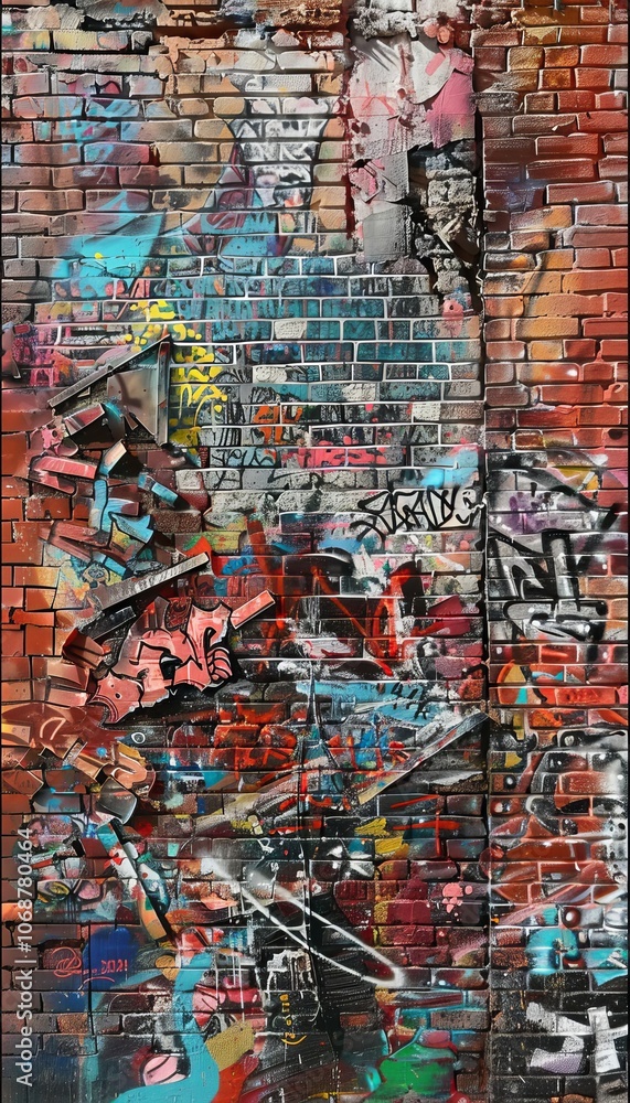 Obraz premium Vibrant graffiti explosion on brick wall showcasing urban creativity and edgy street art textures