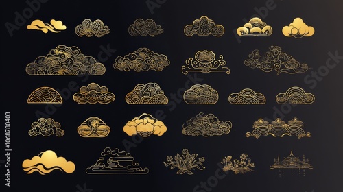 A collection of gold and black clouds with a variety of shapes and sizes