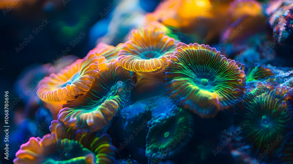 A close-up of vibrant, glowing coral formations in deep blues, purples, and golden hues. The intricate organic details resemble an alien underwater ecosystem.
A close-up of vibrant, glowing coral formations in deep blues, purples, and golden hues. The intricate organic details resemble an alien underwater ecosystem.