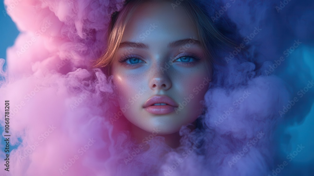 young woman enveloped in a swirling cloud of purple and pink smoke, set against a pastel blue background, creating an ethereal and abstract fashion concept, emphasizing beauty and creativity young woman enveloped in a swirling cloud of purple and pink smoke, set against a pastel blue background, creating an ethereal and abstract fashion concept, emphasizing beauty and creativity