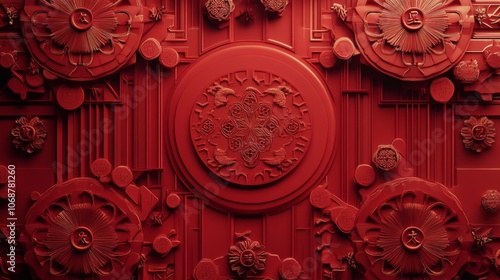 A red background with a red flower in the center