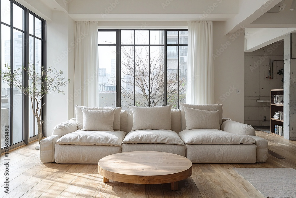 Minimalist, Scandinavian interiors in the living room of a house with large windows and sofas. Generative AI
Minimalist, Scandinavian interiors in the living room of a house with large windows and sofas. Generative AI