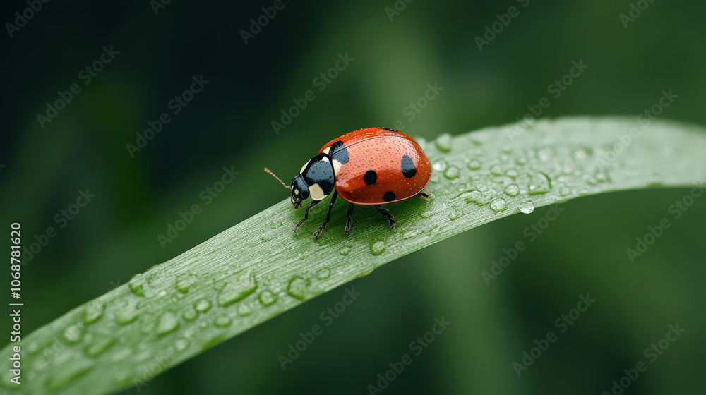 Ladybug on wet grass blade, early morning dew, intense detail, vibrant green, natural macro capture Ladybug on wet grass blade, early morning dew, intense detail, vibrant green, natural macro capture