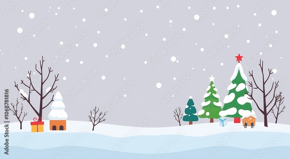 Snowy winter landscape with Christmas trees, a small house and gifts. Snowy winter landscape with Christmas trees, a small house and gifts.