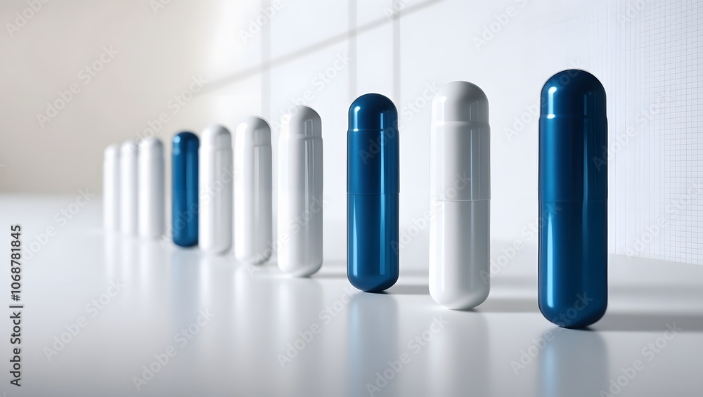 Fototapeta premium Blue and white capsules aligned in a neat row on a plain background
