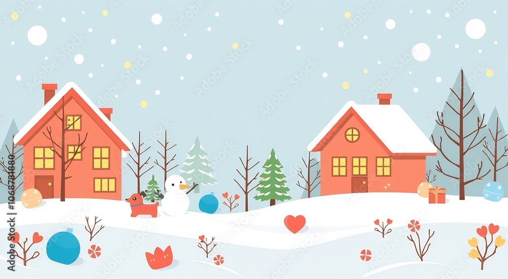 A snowy winter scene with two red houses, a snowman, a deer, and a pine tree. A snowy winter scene with two red houses, a snowman, a deer, and a pine tree.
