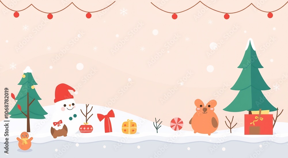 Snowman, Christmas Trees, and Presents in Winter Wonderland. Snowman, Christmas Trees, and Presents in Winter Wonderland.